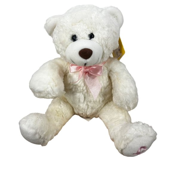 Beta Toys White Teddy Bear Plush 8 Inches Tall Stuffed Animal Pink Ribbon New - Picture 1 of 12